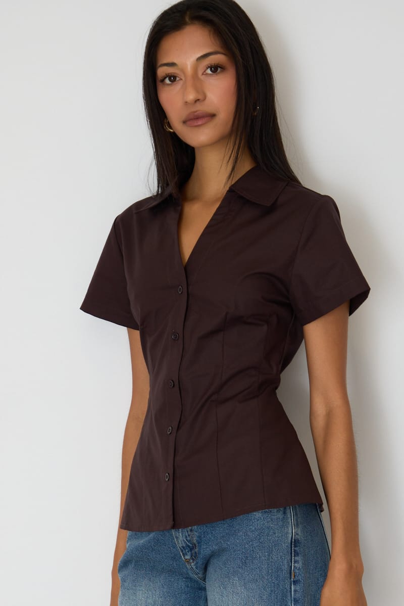 Brown Fitted Collar Shirt Short Sleeve Button Up for Ally Fashion