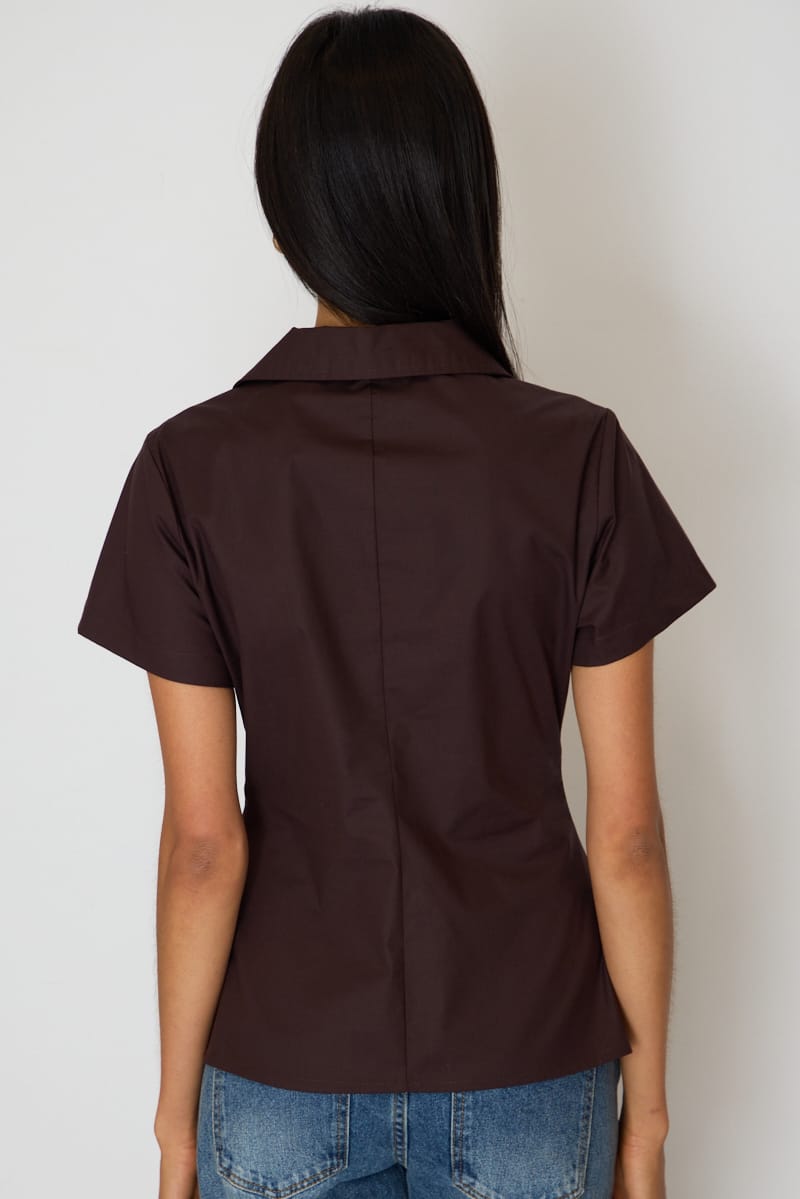Brown Fitted Collar Shirt Short Sleeve Button Up for Ally Fashion