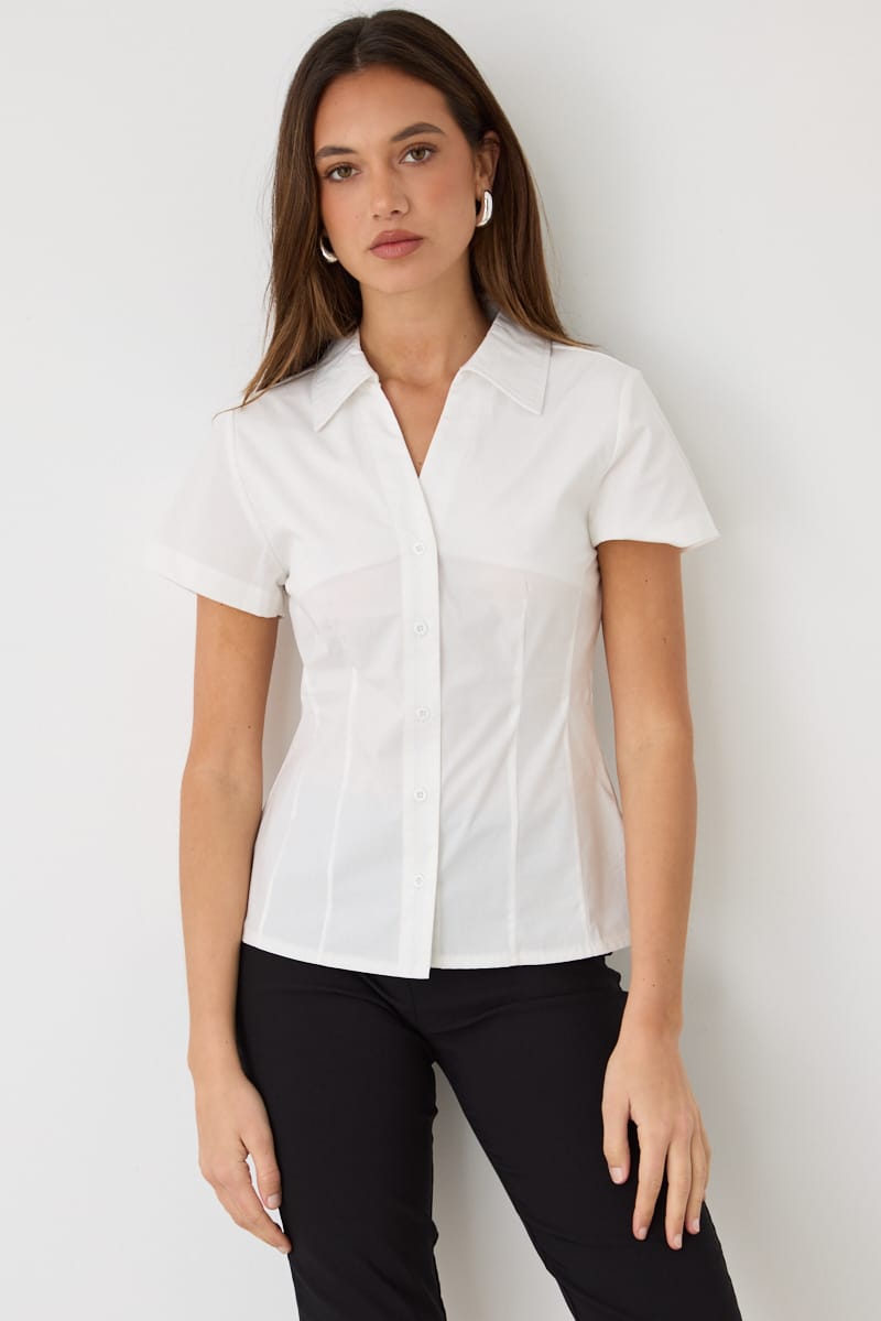 White Fitted Collar Shirt Short Sleeve Button Up for Ally Fashion