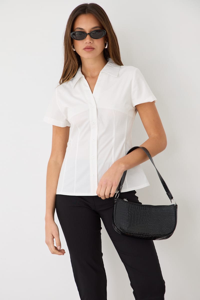 White Fitted Collar Shirt Short Sleeve Button Up for Ally Fashion