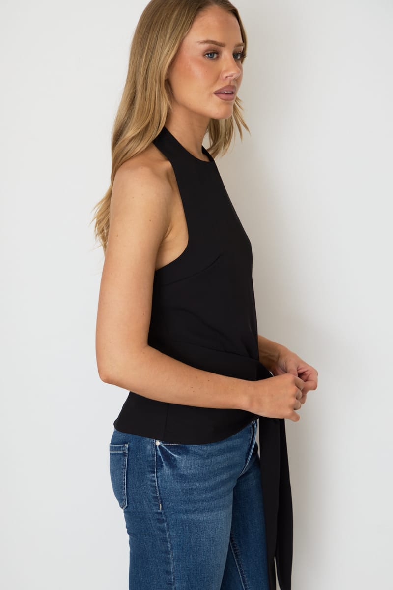 Black Halter Wrap Top Sleeveless Open Back for Ally Fashion