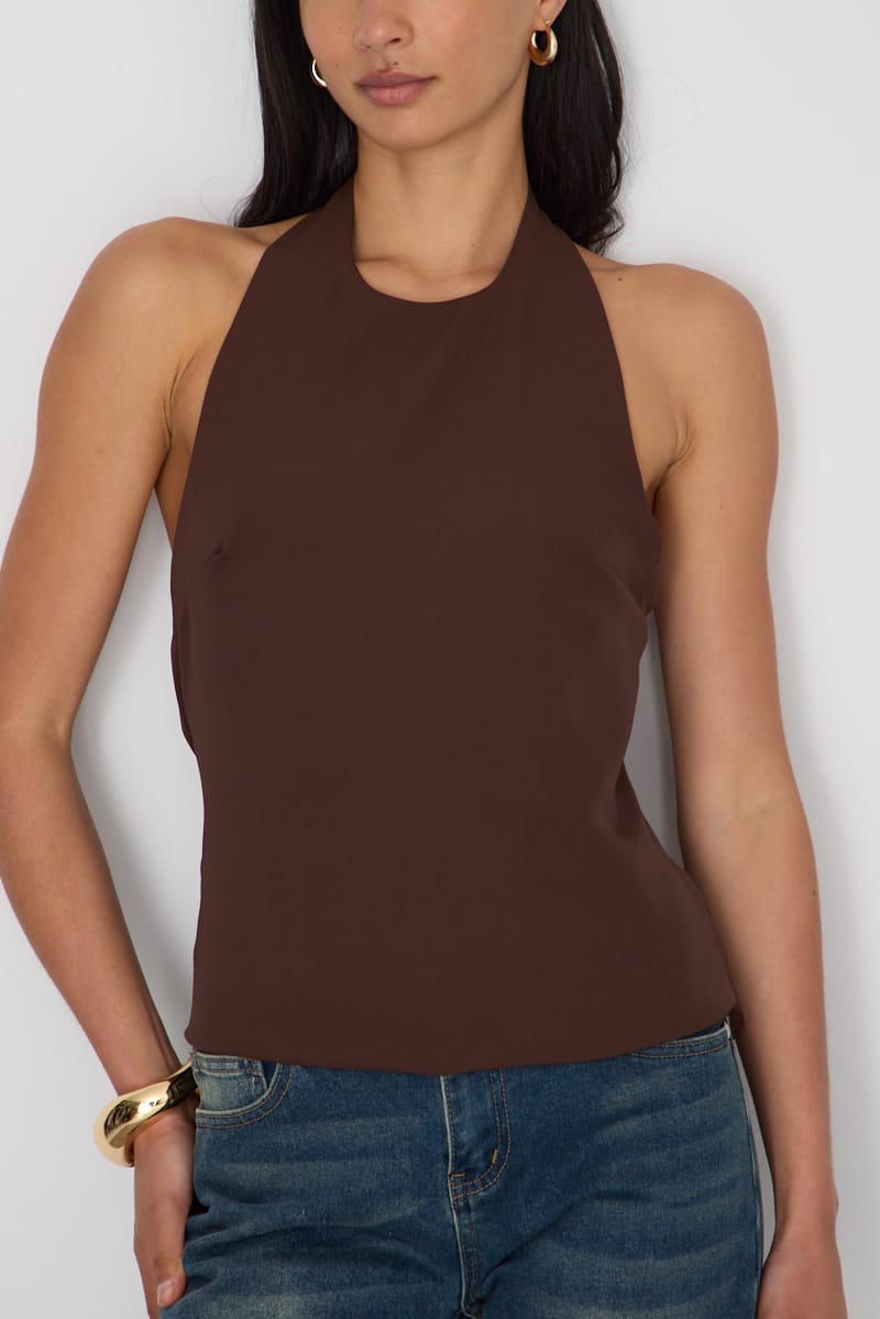 Brown Halter Wrap Top Sleeveless Open Back for Ally Fashion