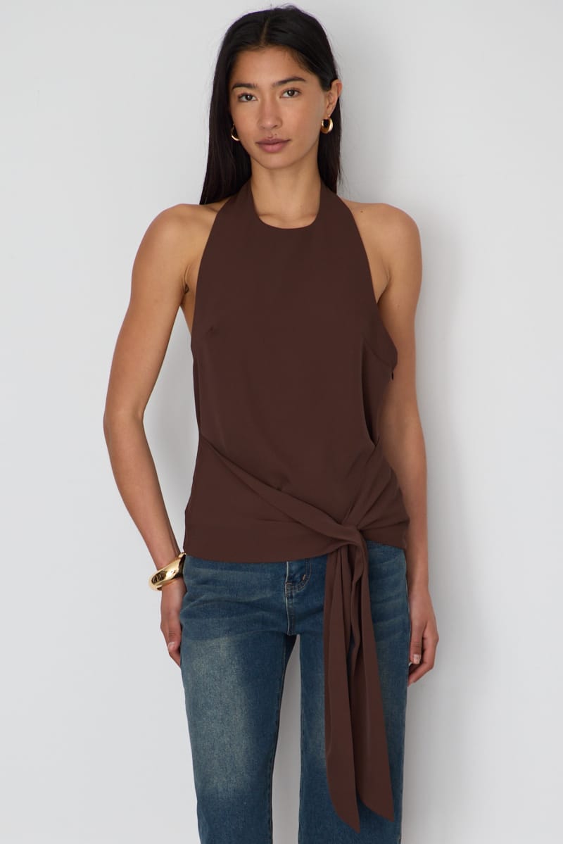 Brown Halter Wrap Top Sleeveless Open Back for Ally Fashion
