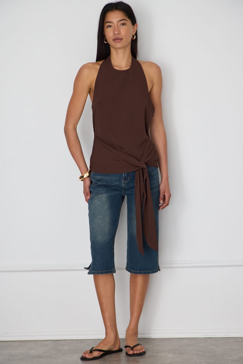 Brown Halter Wrap Top Sleeveless Open Back for Ally Fashion