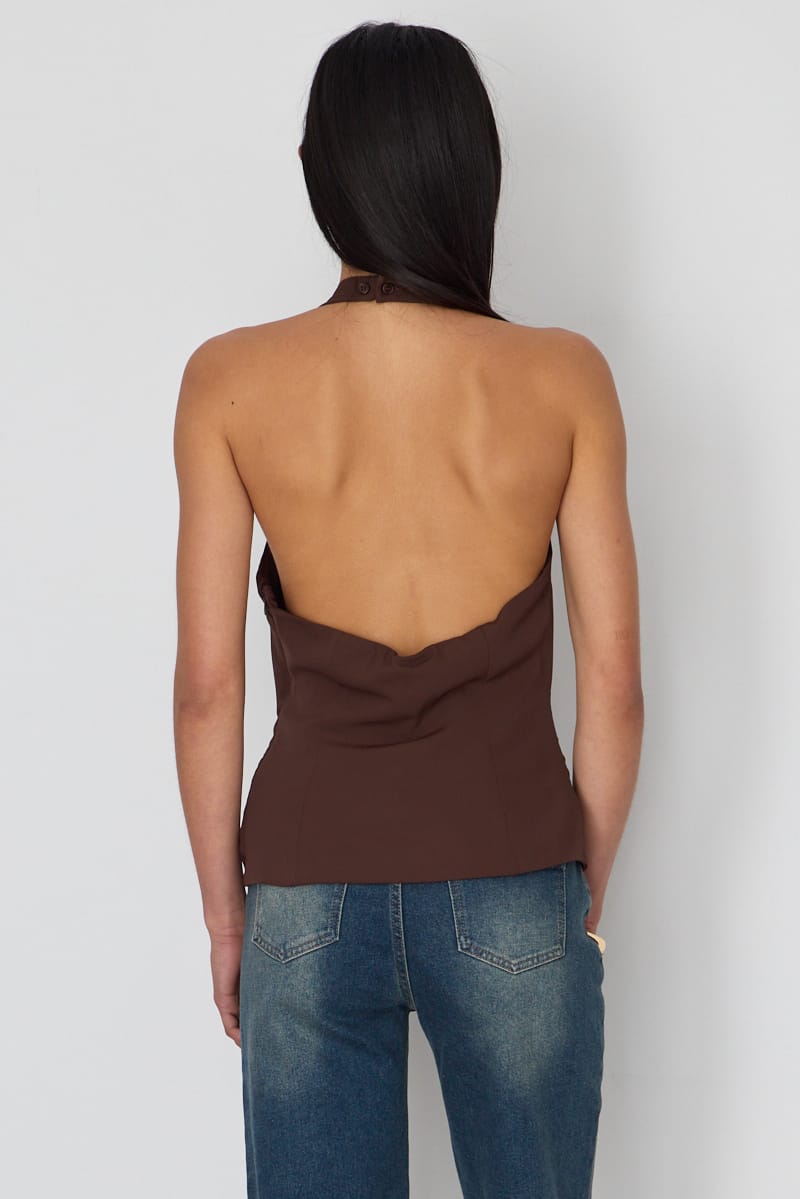 Brown Halter Wrap Top Sleeveless Open Back for Ally Fashion