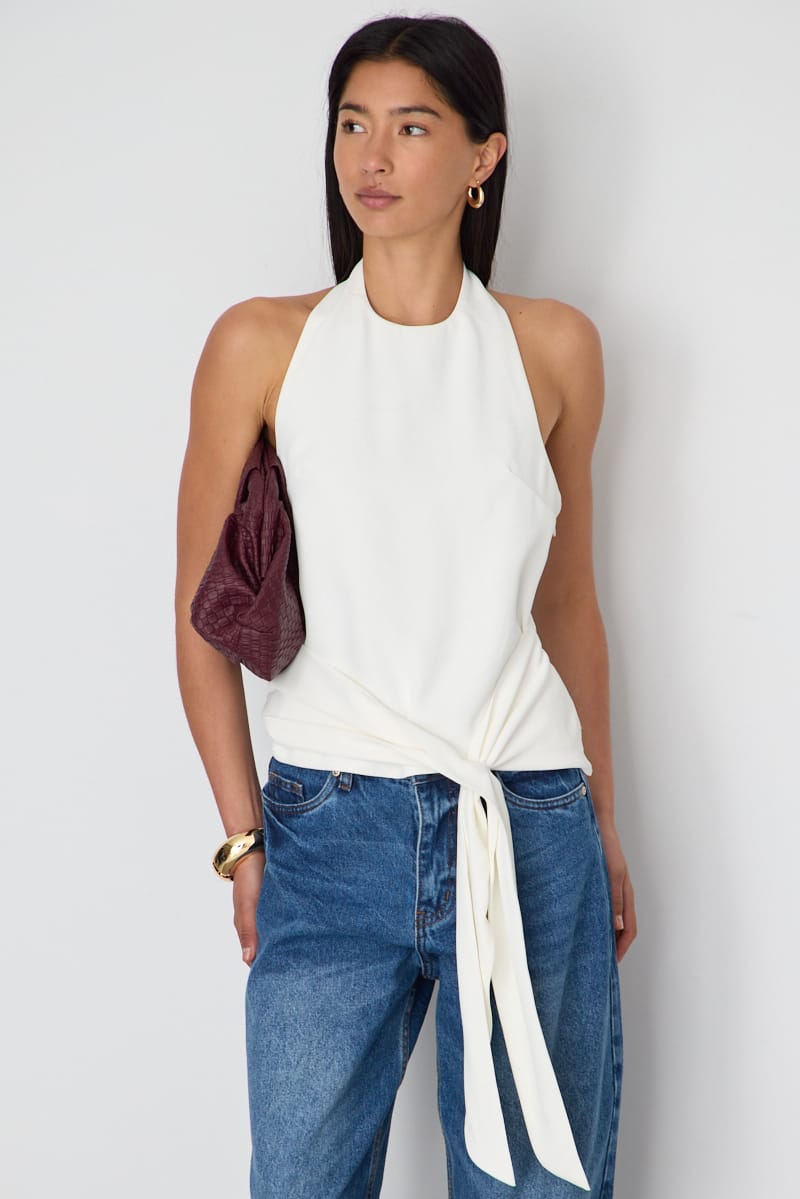 White Halter Wrap Top Sleeveless Open Back for Ally Fashion