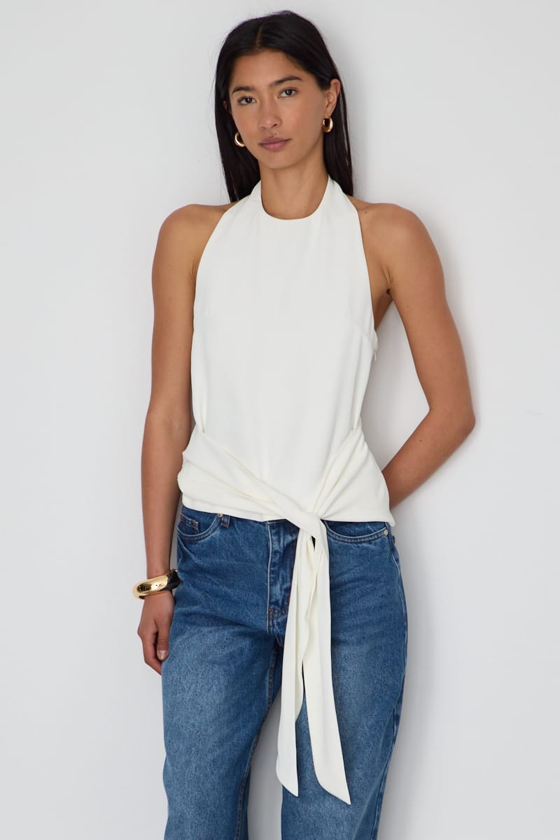 White Halter Wrap Top Sleeveless Open Back for Ally Fashion