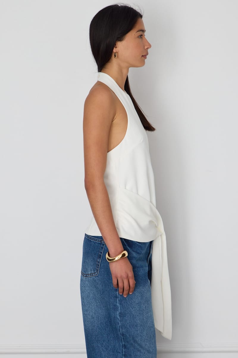 White Halter Wrap Top Sleeveless Open Back for Ally Fashion