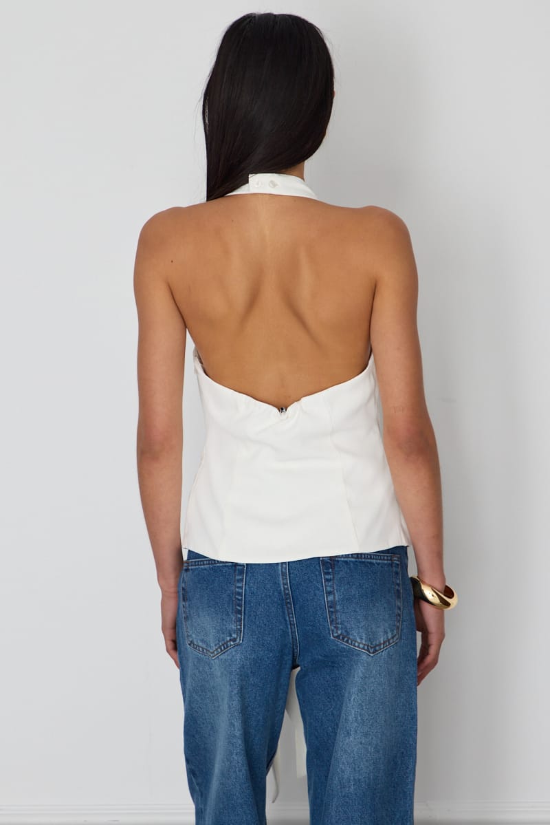 White Halter Wrap Top Sleeveless Open Back for Ally Fashion