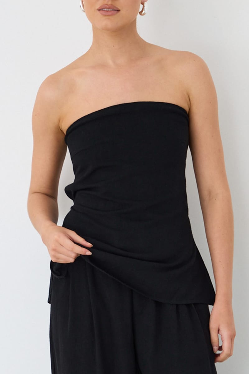Black Strapless Top Linen Blend Side Splits for Ally Fashion