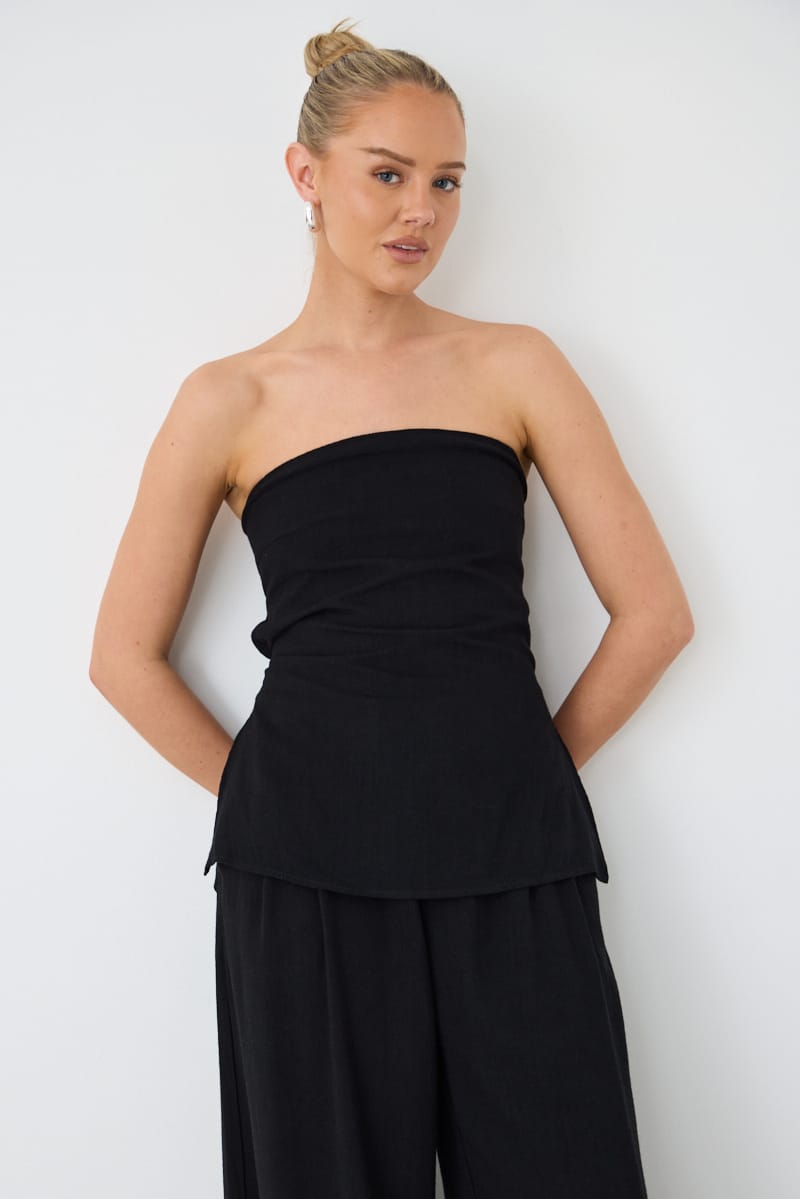 Black Strapless Top Linen Blend Side Splits for Ally Fashion