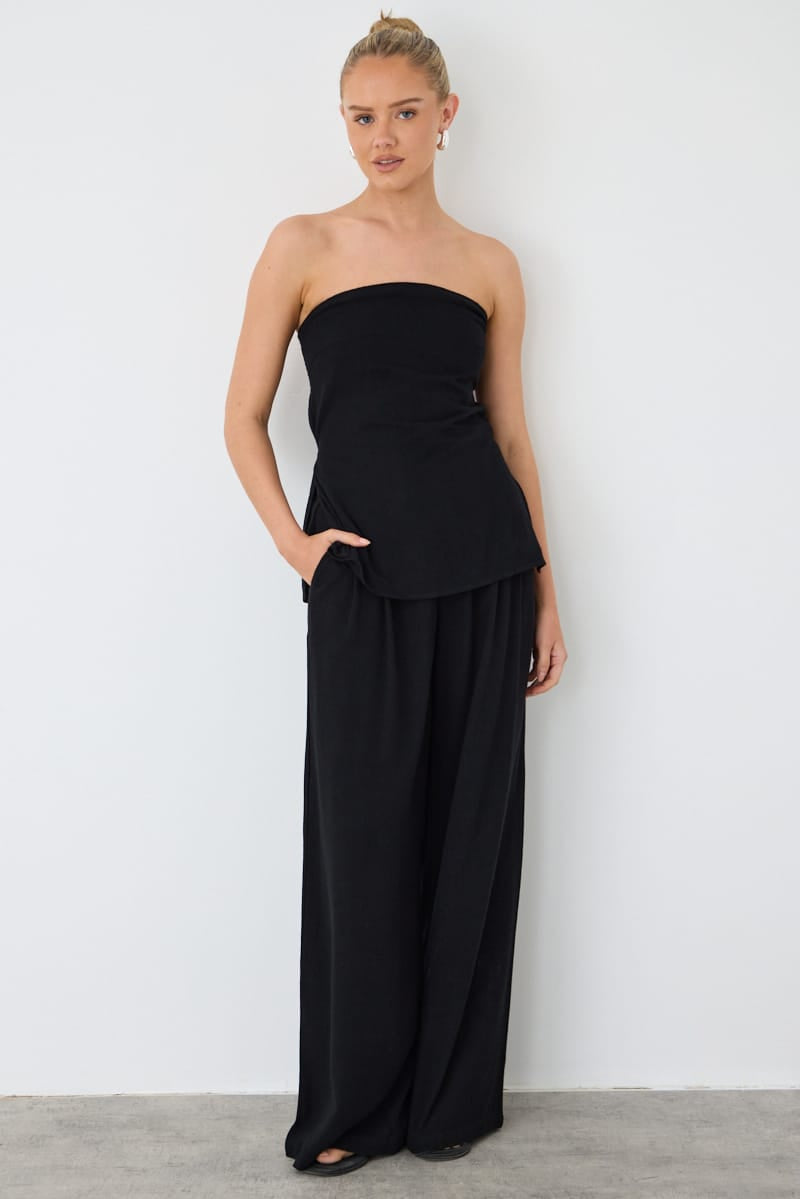 Black Strapless Top Linen Blend Side Splits for Ally Fashion