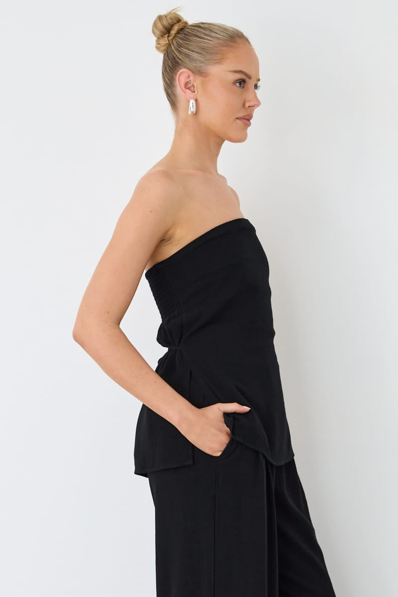 Black Strapless Top Linen Blend Side Splits for Ally Fashion