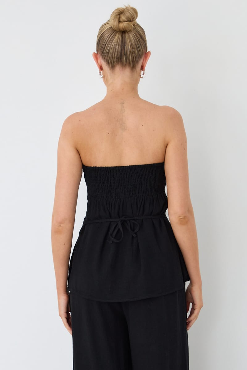 Black Strapless Top Linen Blend Side Splits for Ally Fashion
