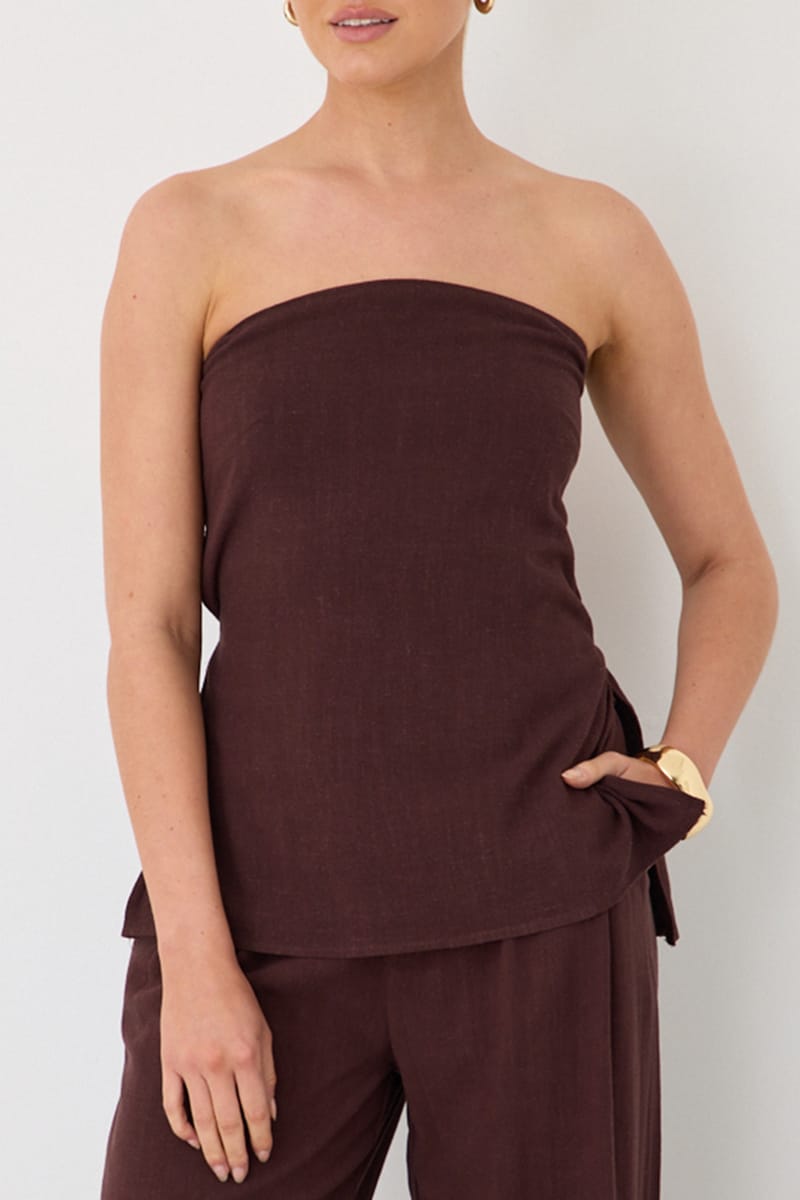 Brown Strapless Top Linen Blend Side Splits for Ally Fashion