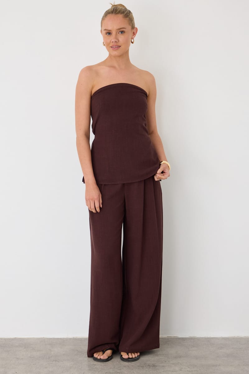 Brown Strapless Top Linen Blend Side Splits for Ally Fashion