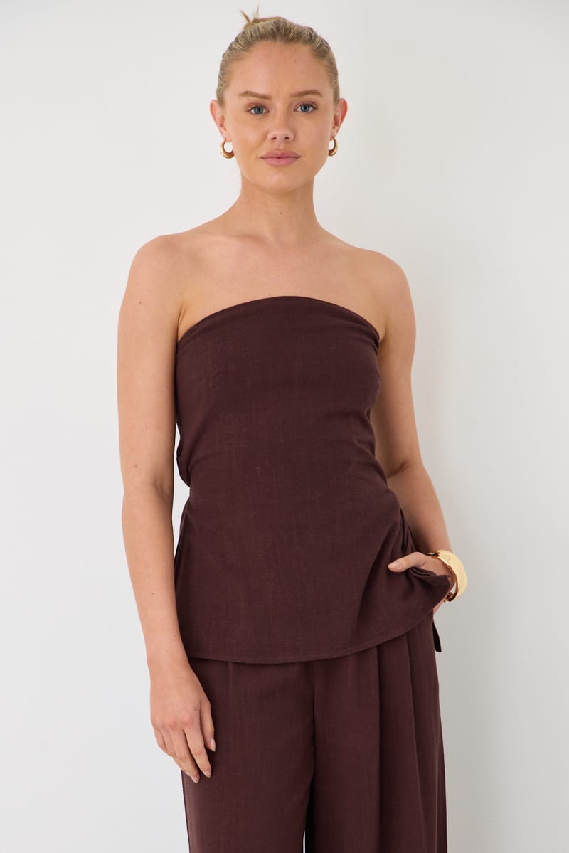 Brown Strapless Top Linen Blend Side Splits for Ally Fashion