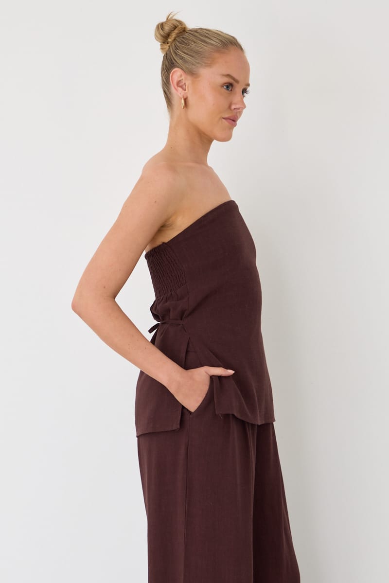 Brown Strapless Top Linen Blend Side Splits for Ally Fashion