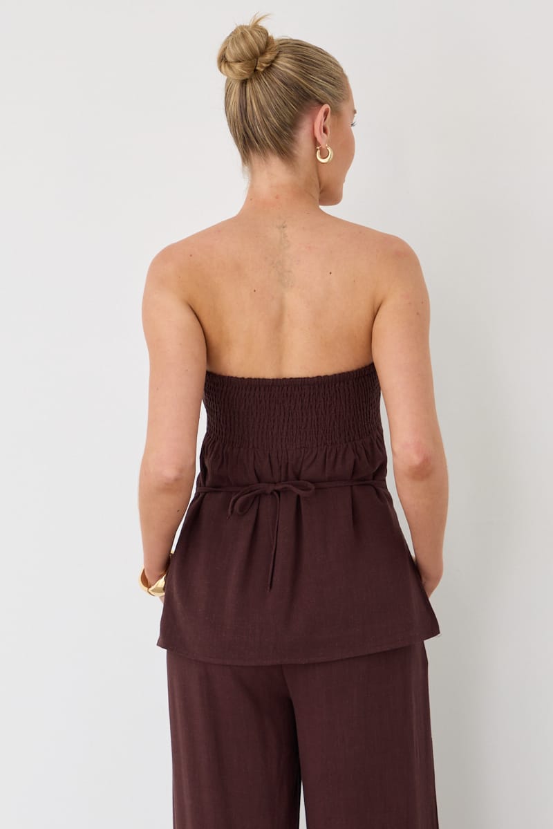Brown Strapless Top Linen Blend Side Splits for Ally Fashion