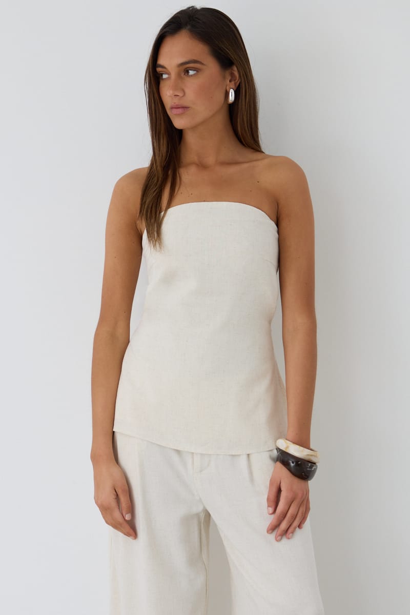 Beige Strapless Top Linen Blend Side Splits for Ally Fashion