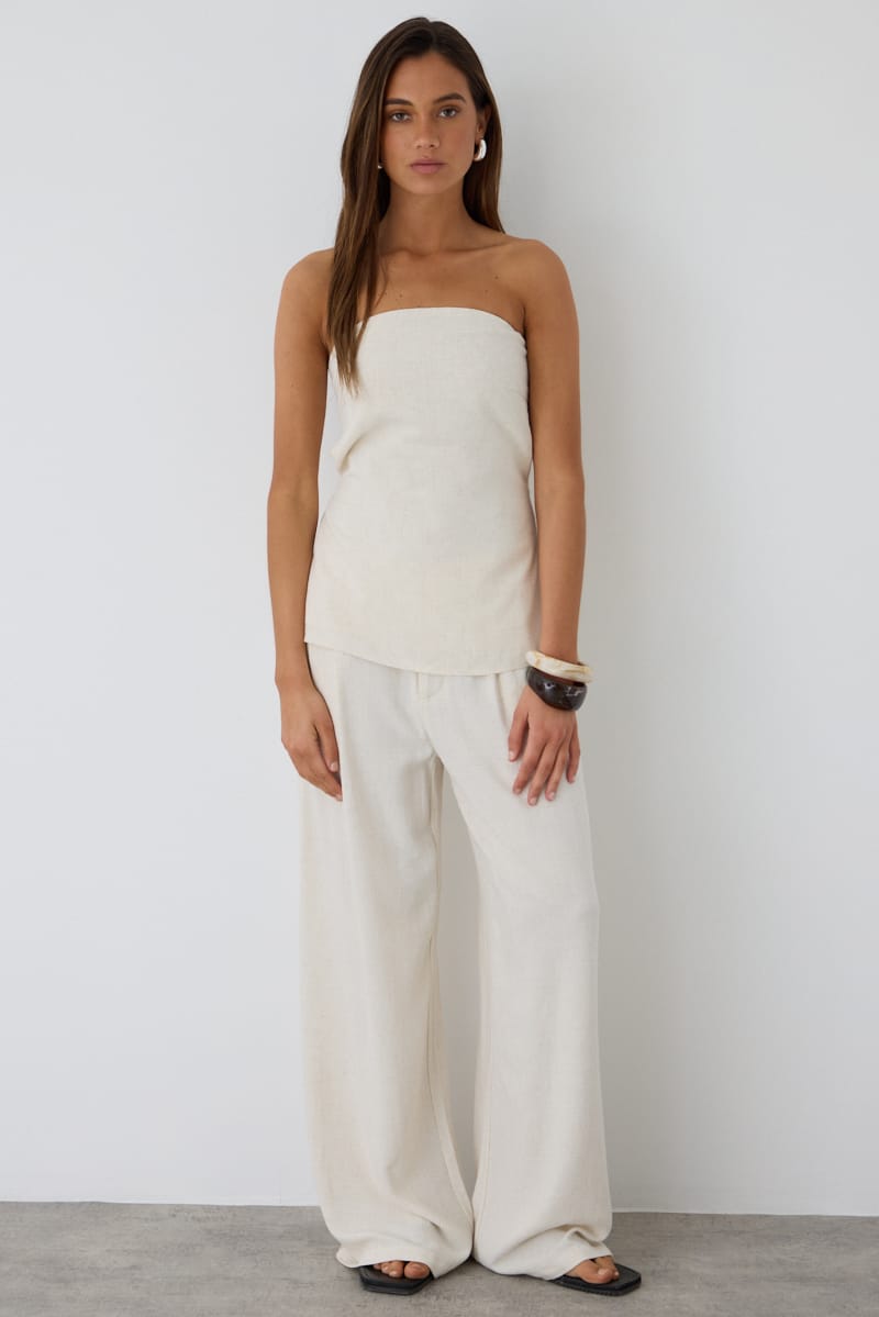 Beige Strapless Top Linen Blend Side Splits for Ally Fashion