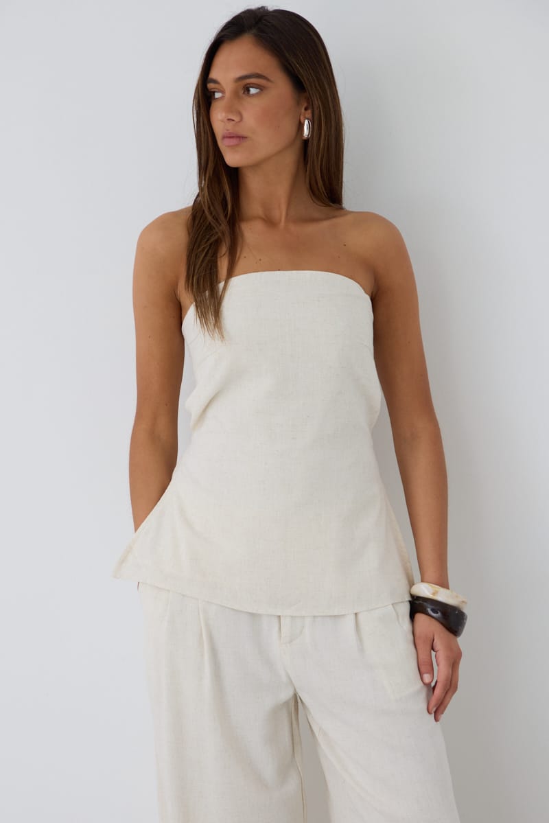 Beige Strapless Top Linen Blend Side Splits for Ally Fashion