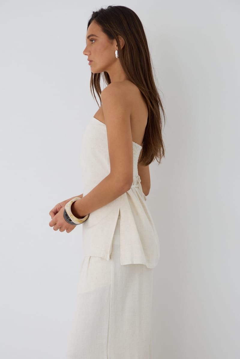 Beige Strapless Top Linen Blend Side Splits for Ally Fashion