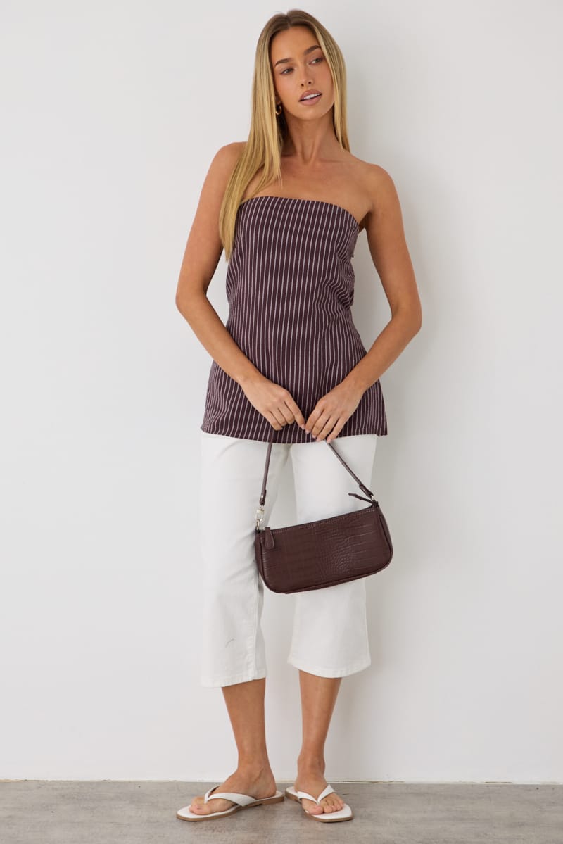 Brown Stripe Strapless Top Linen Blend Side Splits for Ally Fashion