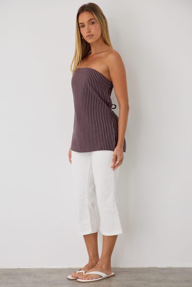 Brown Stripe Strapless Top Linen Blend Side Splits for Ally Fashion
