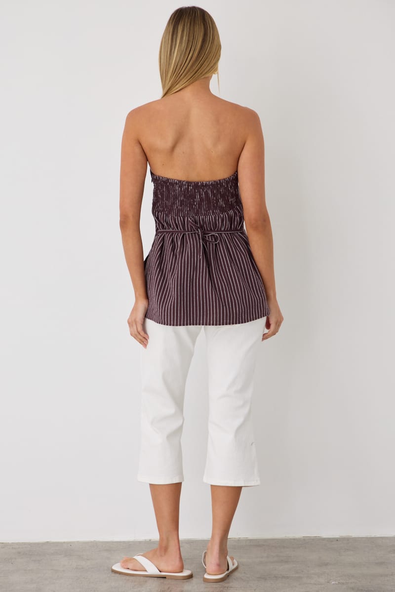 Brown Stripe Strapless Top Linen Blend Side Splits for Ally Fashion