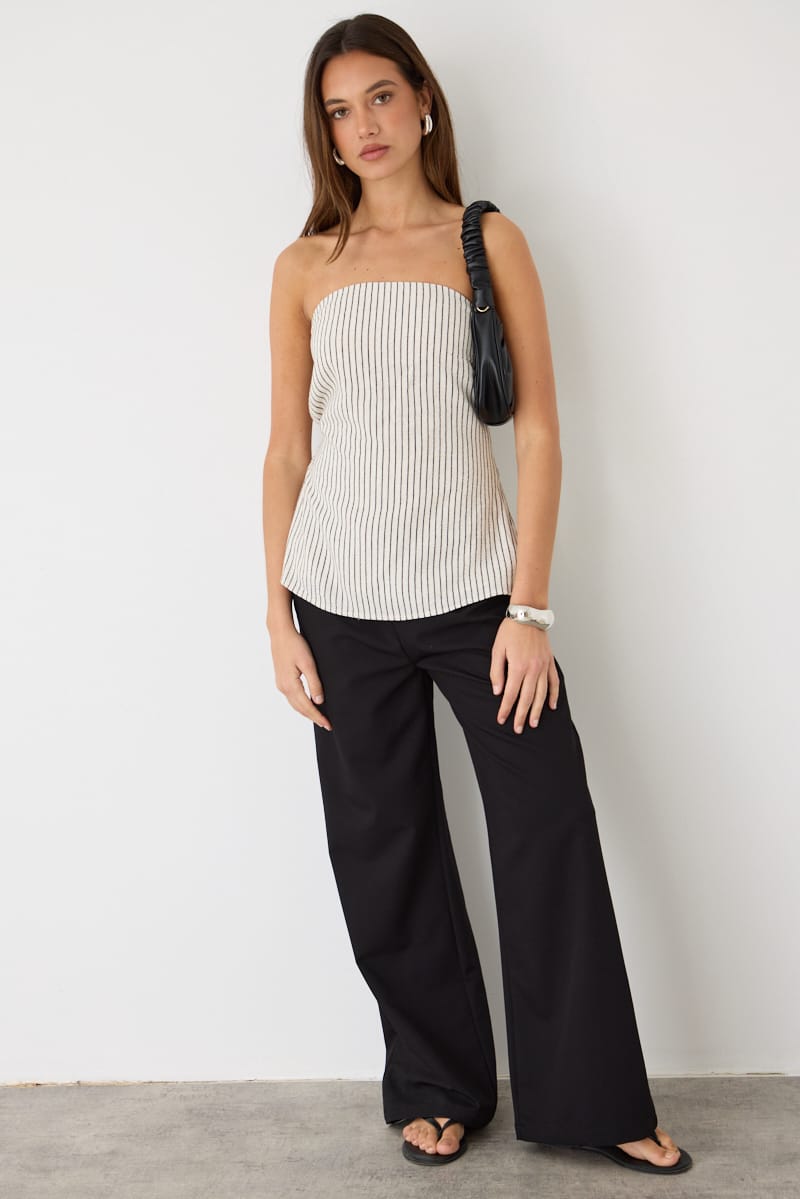 Beige Stripe Strapless Top Linen Blend Side Splits for Ally Fashion