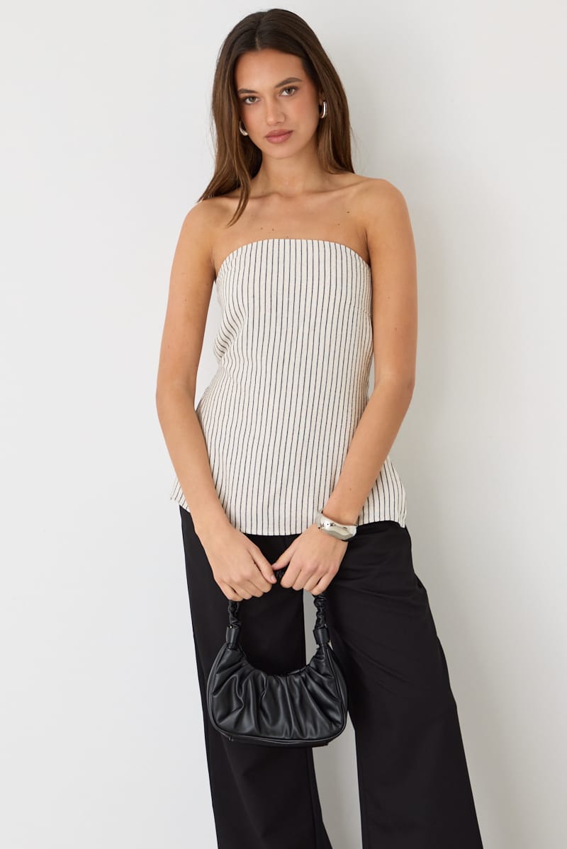 Beige Stripe Strapless Top Linen Blend Side Splits for Ally Fashion