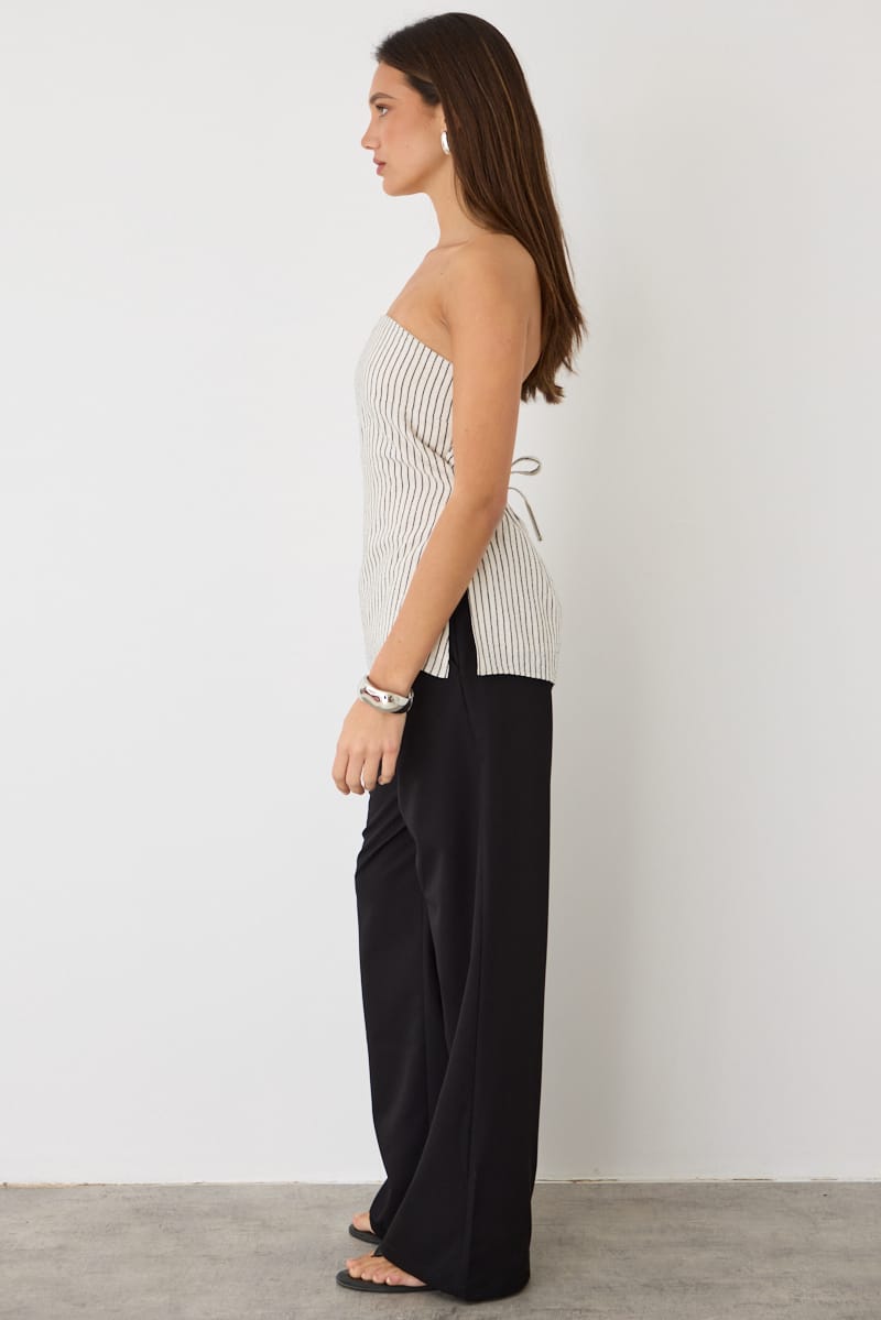 Beige Stripe Strapless Top Linen Blend Side Splits for Ally Fashion