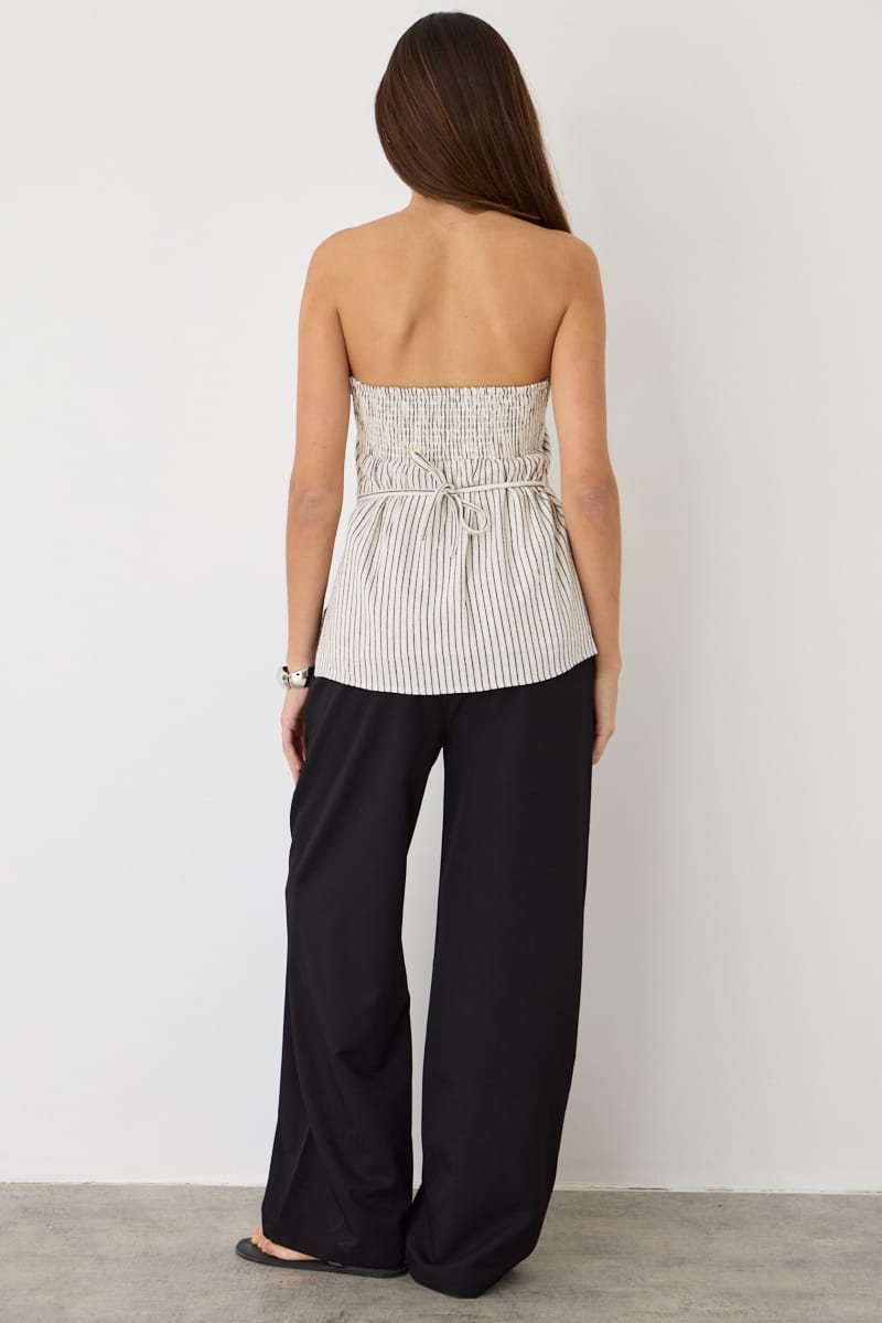 Beige Stripe Strapless Top Linen Blend Side Splits for Ally Fashion