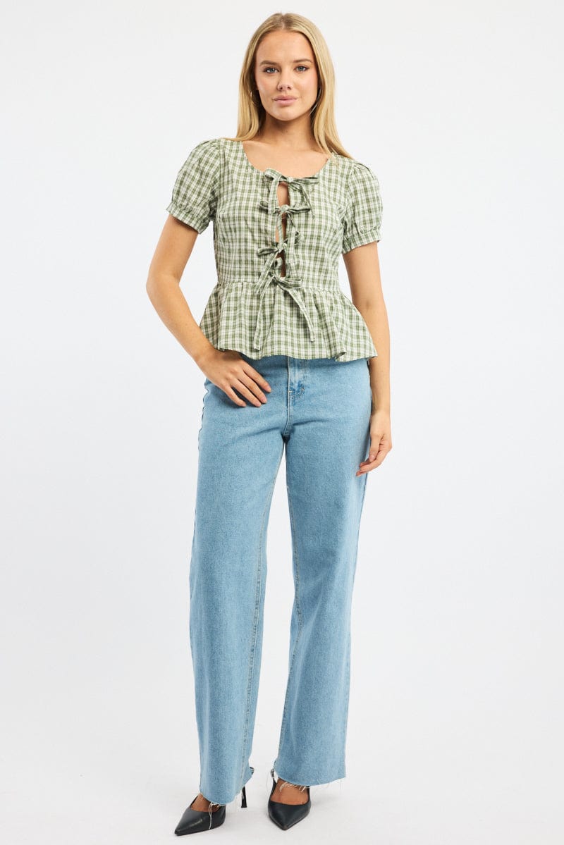 Green Check Tie Front Top Short Sleeve Round Neck for Ally Fashion