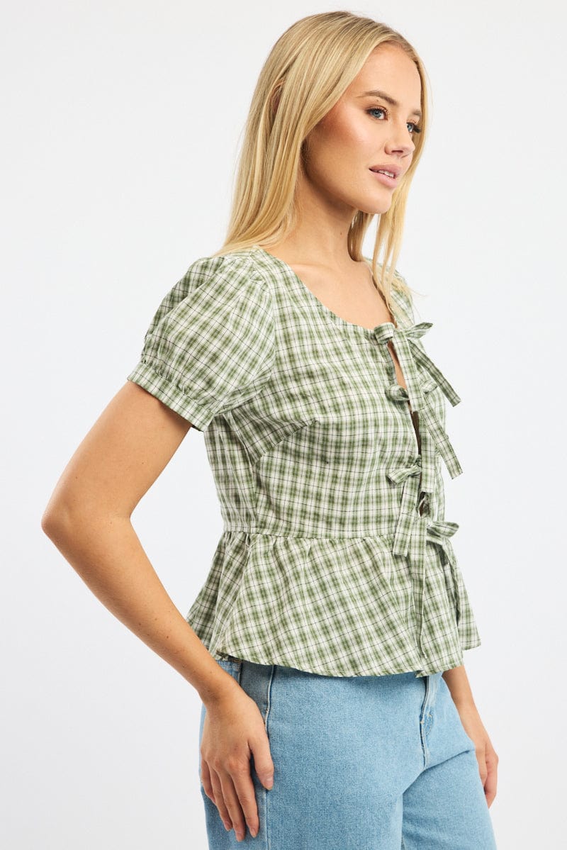 Green Check Tie Front Top Short Sleeve Round Neck for Ally Fashion