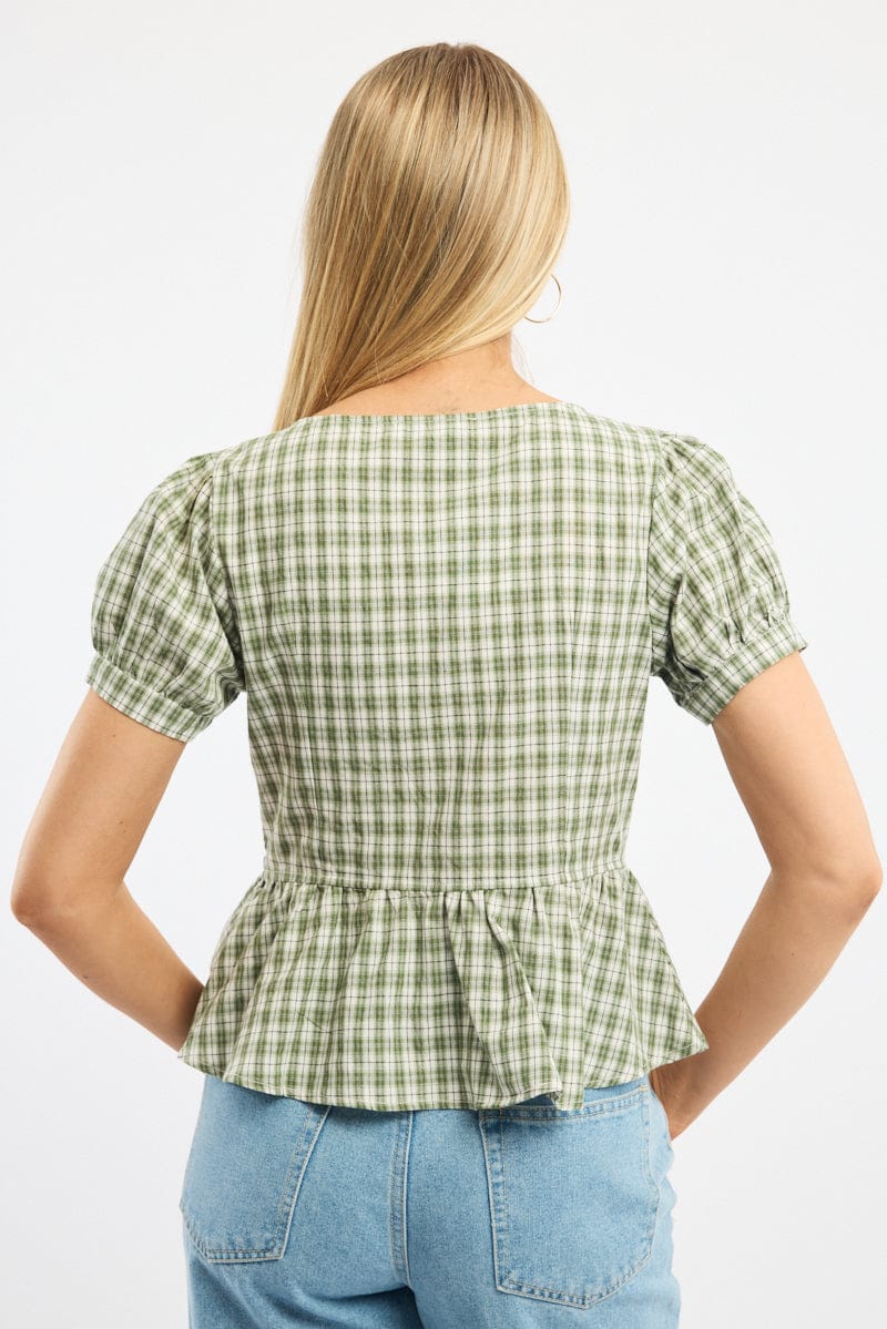 Green Check Tie Front Top Short Sleeve Round Neck for Ally Fashion