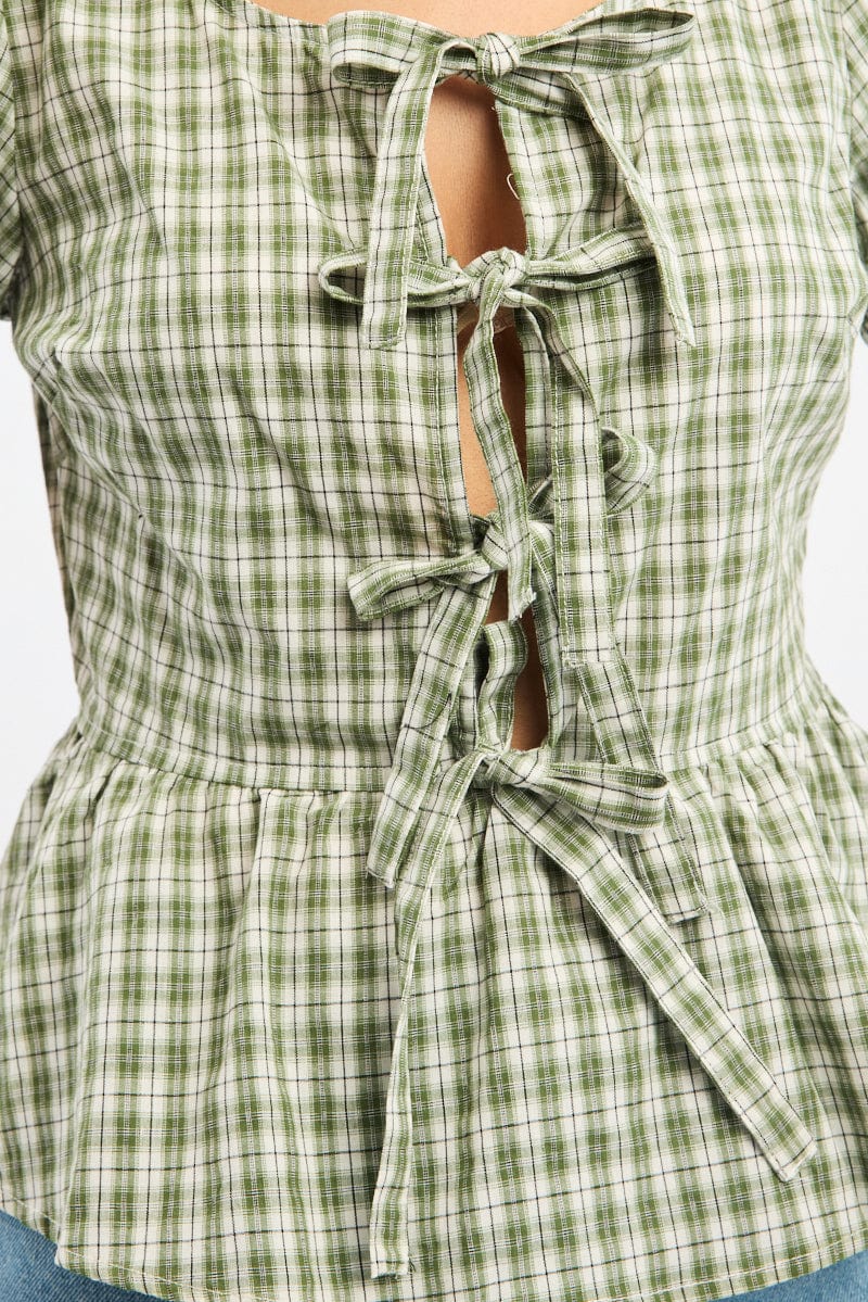 Green Check Tie Front Top Short Sleeve Round Neck for Ally Fashion