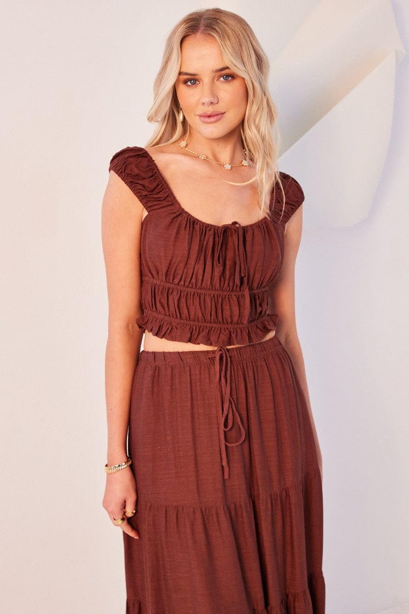 Brown Ruched Top Short Sleeve Linen Blend for Ally Fashion