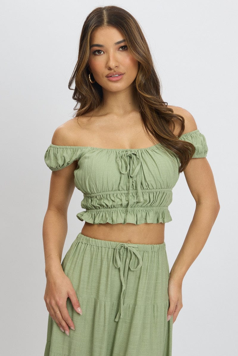 Green Ruched Top Short Sleeve Linen Blend for Ally Fashion