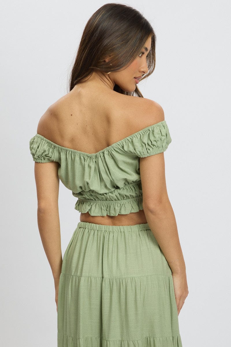 Green Ruched Top Short Sleeve Linen Blend for Ally Fashion