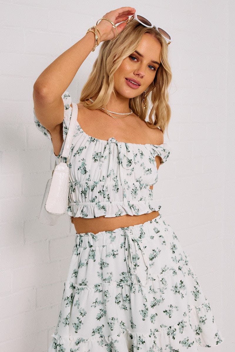 Green Ditsy Crop Top Short Sleeve Ruched for Ally Fashion