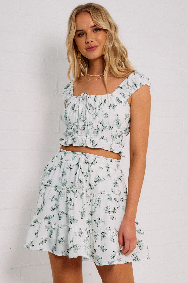 Green Ditsy Crop Top Short Sleeve Ruched for Ally Fashion