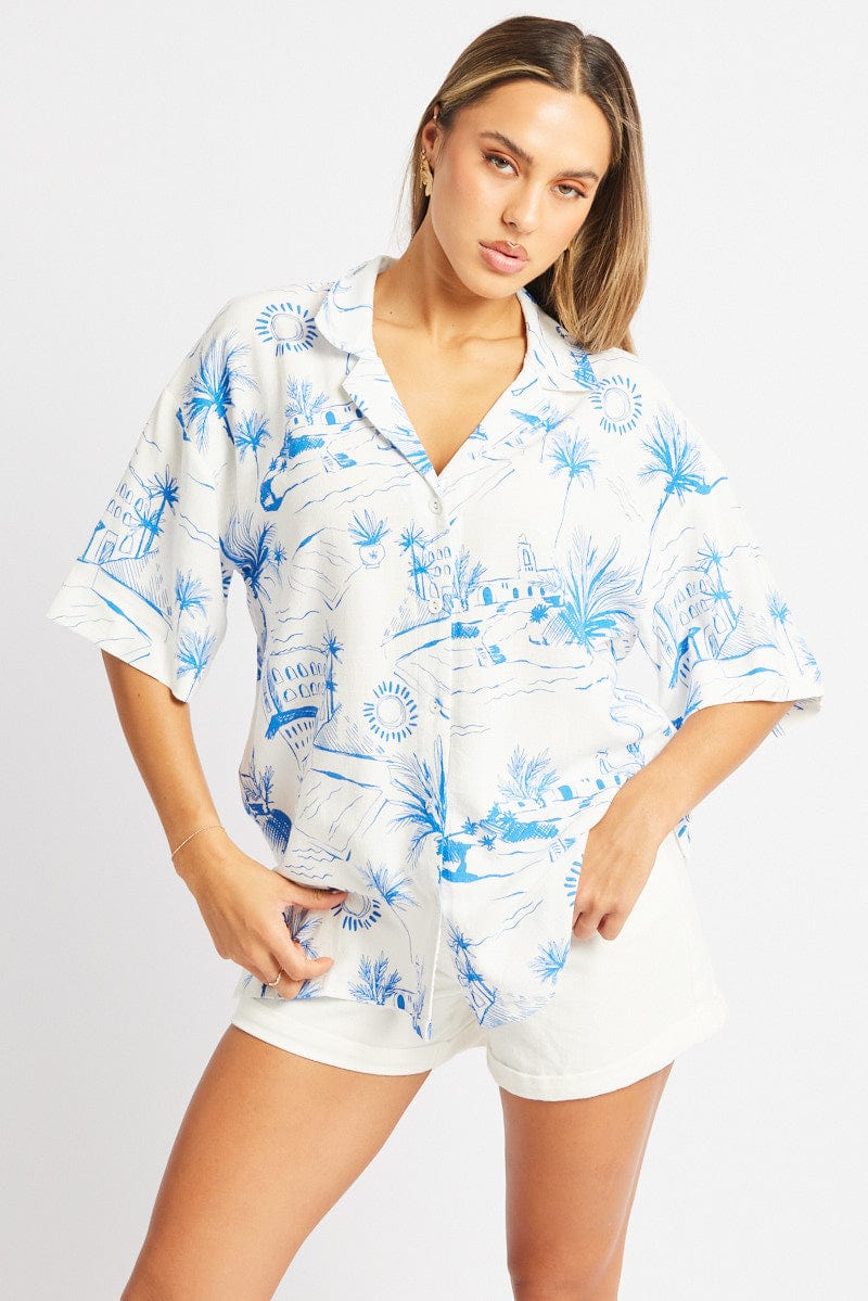 Blue Abstract Relaxed Shirt Short Sleeve Linen Blend for Ally Fashion