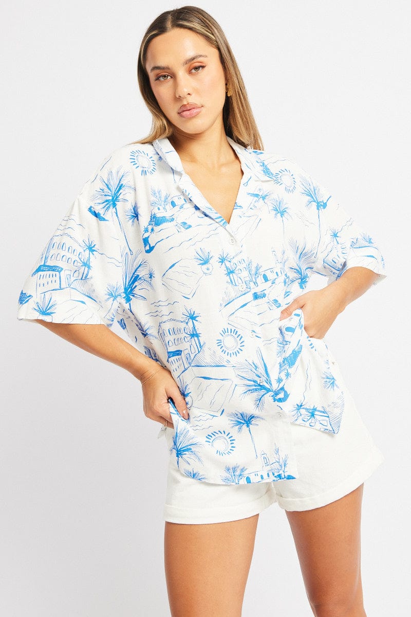 Blue Abstract Relaxed Shirt Short Sleeve Linen Blend for Ally Fashion