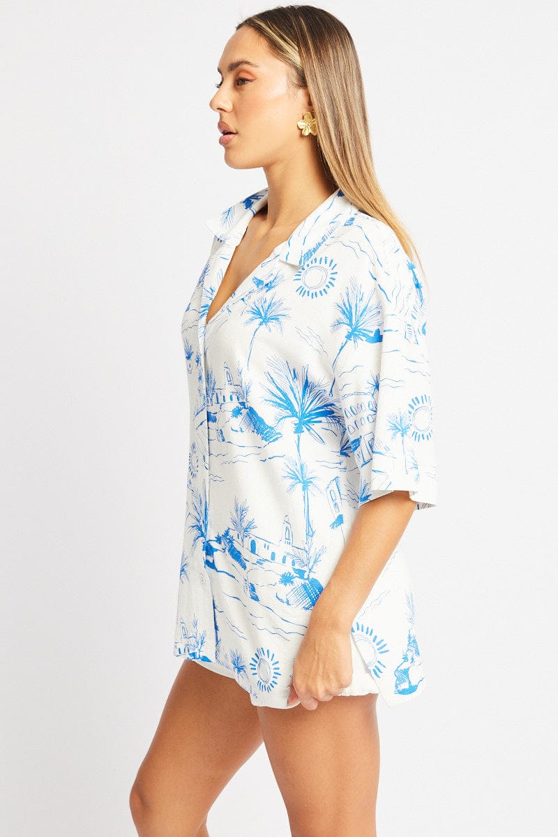 Blue Abstract Relaxed Shirt Short Sleeve Linen Blend for Ally Fashion