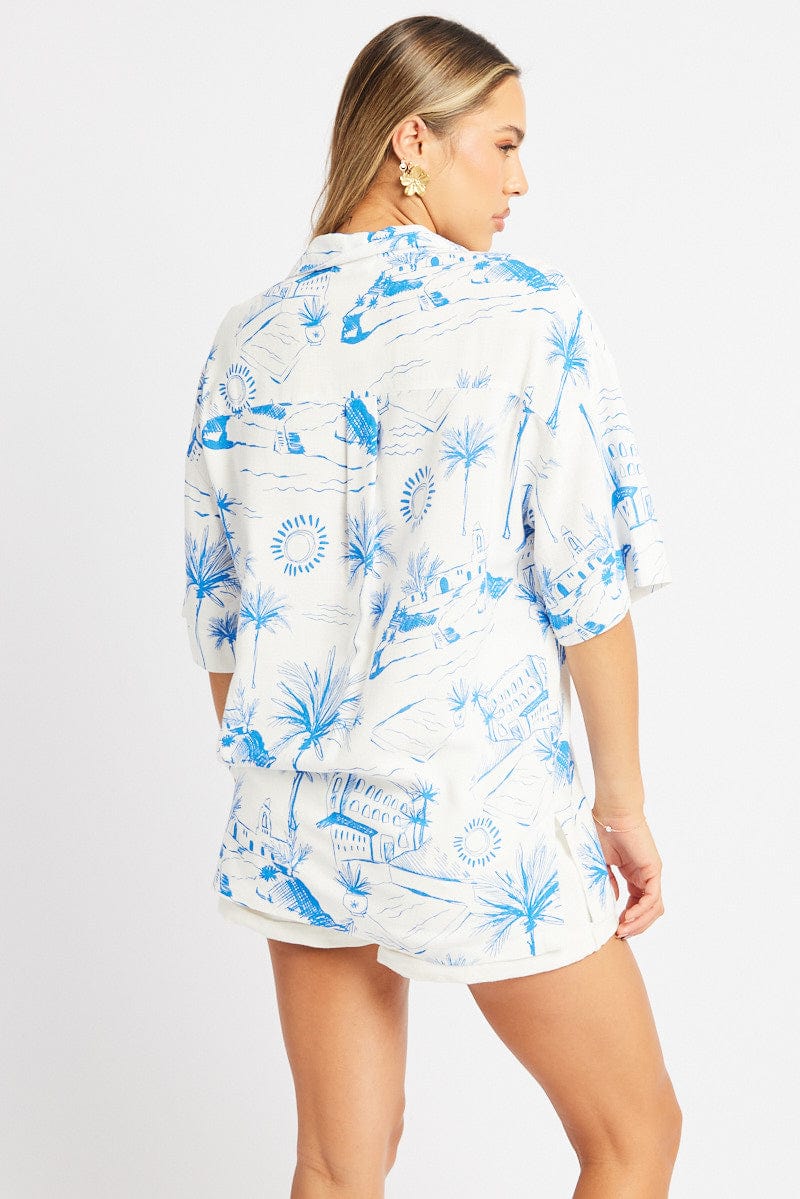 Blue Abstract Relaxed Shirt Short Sleeve Linen Blend for Ally Fashion