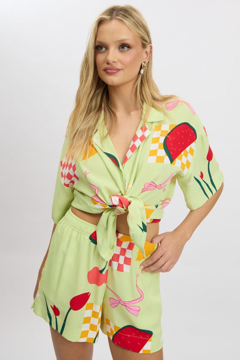 Green Abstract Relaxed Shirt Short Sleeve for Ally Fashion