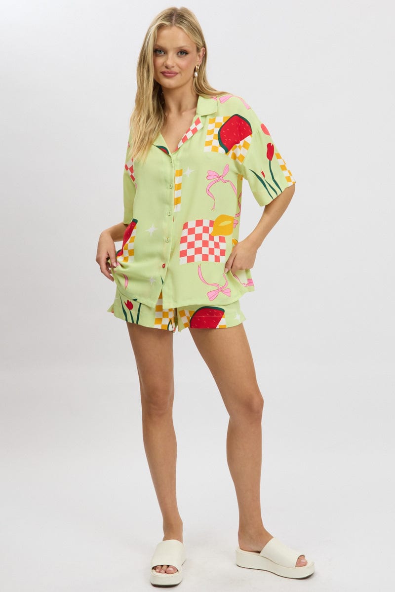 Green Abstract Relaxed Shirt Short Sleeve for Ally Fashion