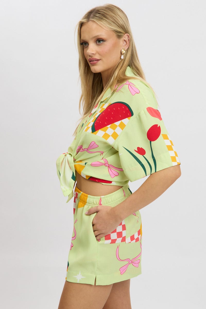 Green Abstract Relaxed Shirt Short Sleeve for Ally Fashion